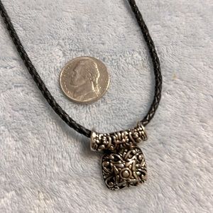 Premier Designs Black Leather Necklace with Silver Square Pendant 15”